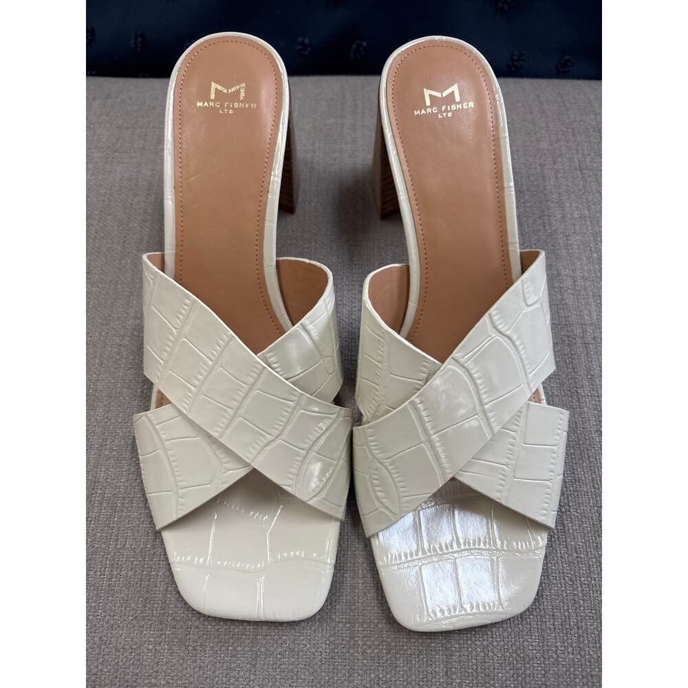 Marc Fisher Cream Croc-Embossed Leather Slide Sandals